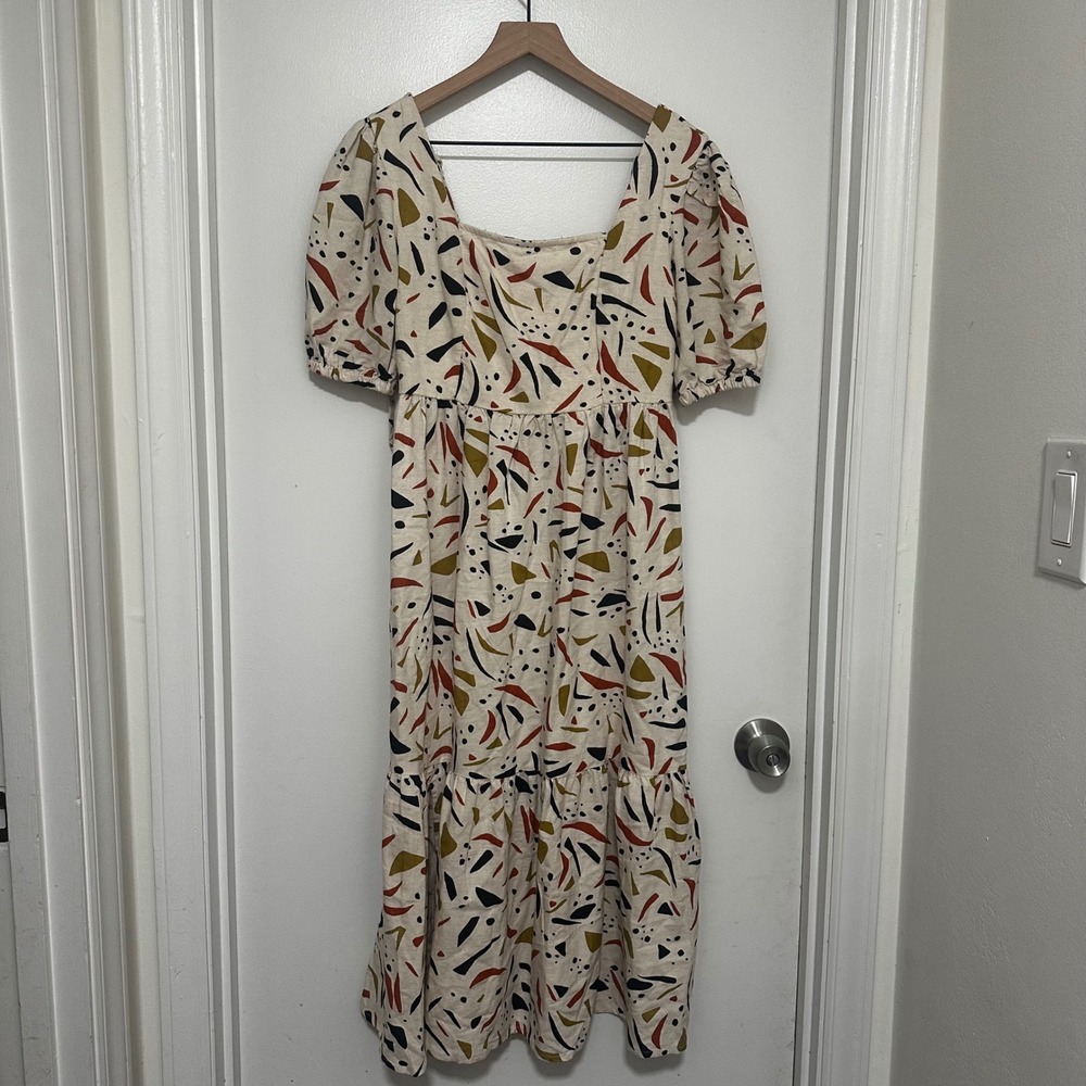 Japna | Women's Cream Abstract Print‎ Puff Sleeve Smocked Midi Dress, Size S